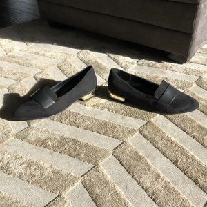 Black Suede Loafers with Gold heel accent